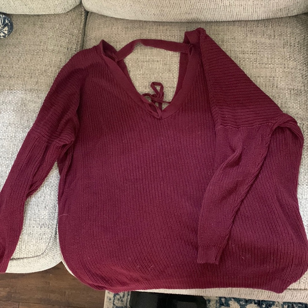 Oversized maroon Tobi sweater with lace up back